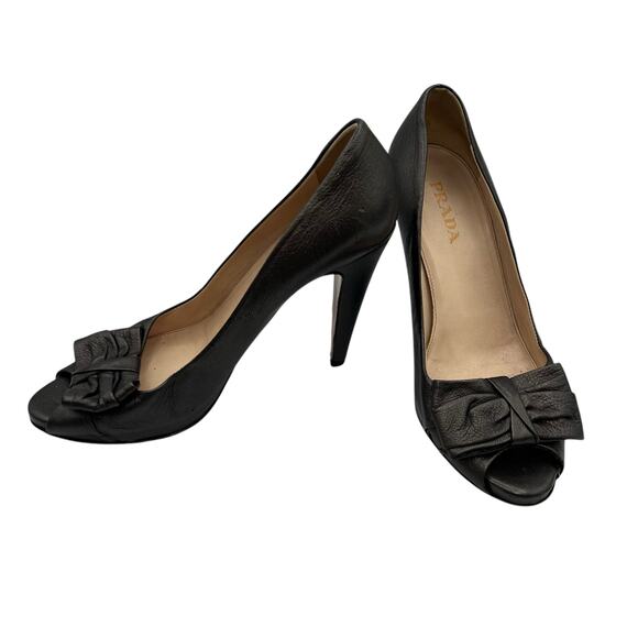 Prada Womens Size 38.5 US 7.5 Leather Heels Gunmetal Peep Hole Toe Made in Italy - Picture 16 of 16